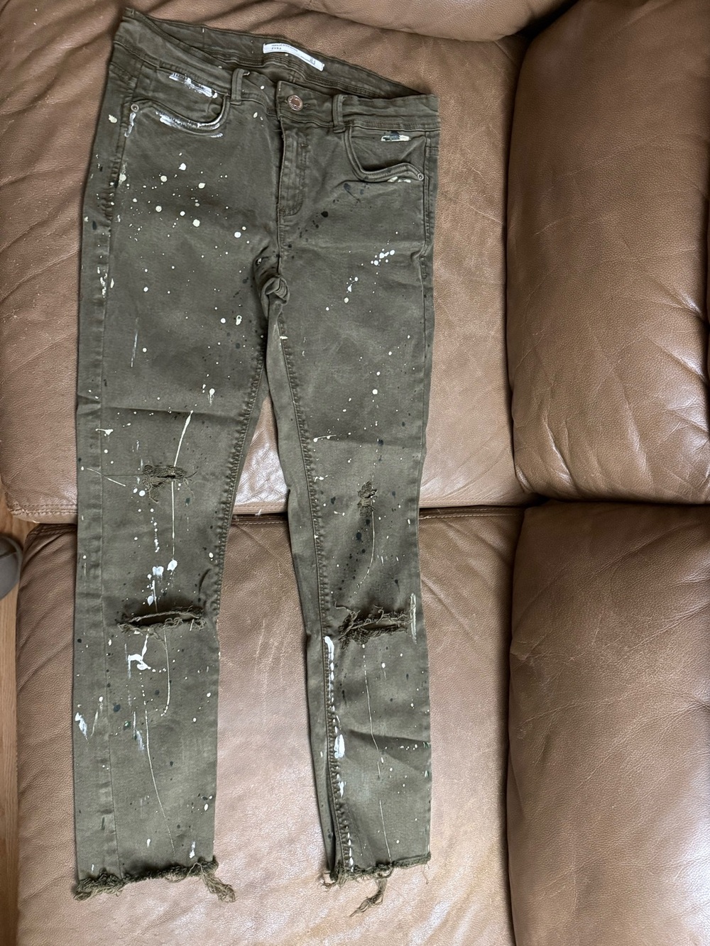 Zara Olive Green Paint-Splatter Skinny Jeans